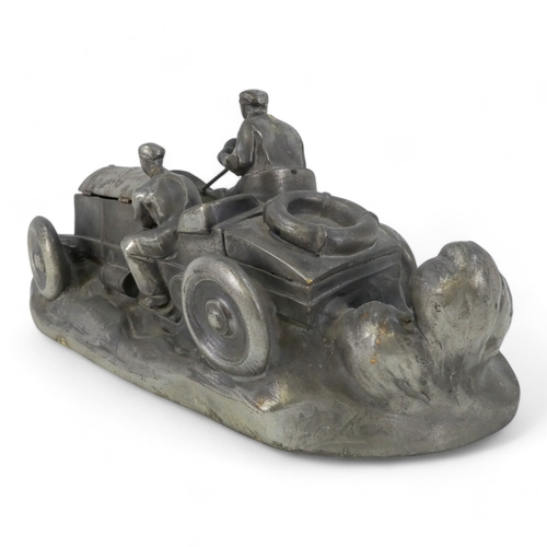 104 - After Wilhelm Zwick 20th century pewter style inkstand - modelled as an early Mercedes Benz racing c... 