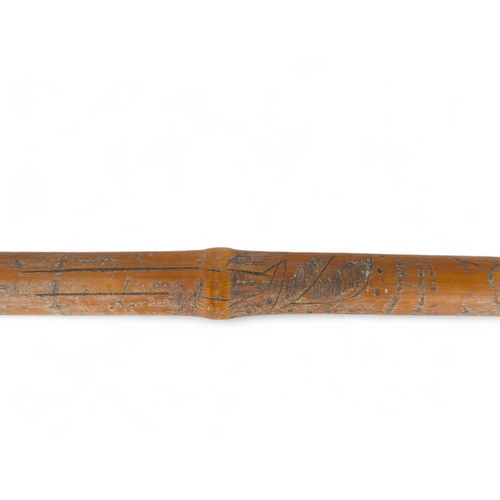 105 - A late 19th century alpine walking stick - with goat's horn handle, marked 'Fluelen' and terminating... 