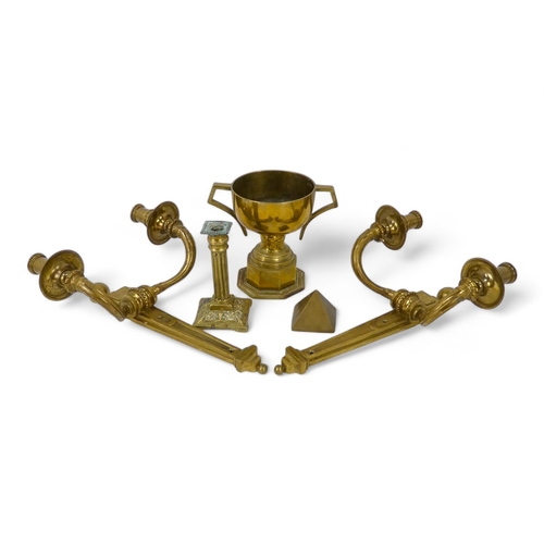 108 - A pair of vintage brass twin branch wall brackets - 39cm high, together with a brass candlestick, a ... 