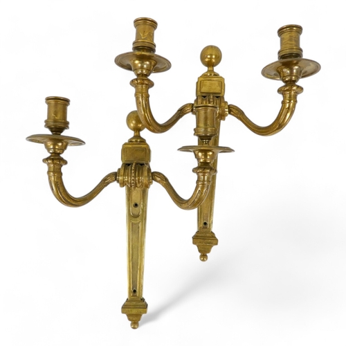 108 - A pair of vintage brass twin branch wall brackets - 39cm high, together with a brass candlestick, a ... 