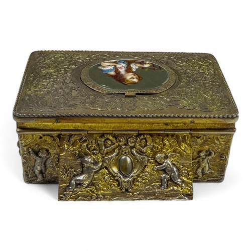 109 - A fine 19th century Swiss silver gilt music box - the rectangular top with strapwork design and hing... 