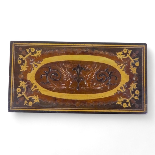 130 - An olive wood and inlaid box - rectangular with foliate inlaid hinged cover, 18cm wide.