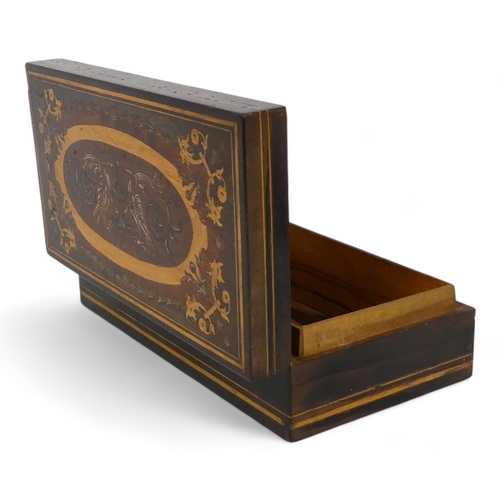 130 - An olive wood and inlaid box - rectangular with foliate inlaid hinged cover, 18cm wide.