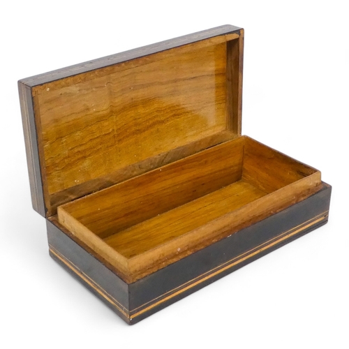 130 - An olive wood and inlaid box - rectangular with foliate inlaid hinged cover, 18cm wide.