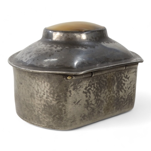 15 - A early 20th century pewter box by Liberty & Co - oval inset with mother-of-pearl, stamped to base.