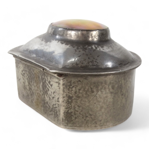 15 - A early 20th century pewter box by Liberty & Co - oval inset with mother-of-pearl, stamped to base.