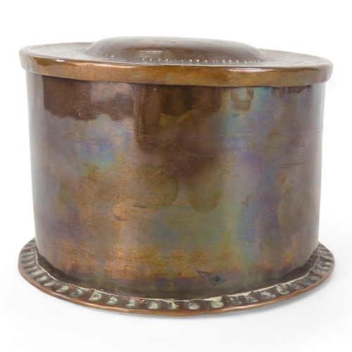 16 - A copper string box by John Pearson - circular with a riveted seam and domed cover, stamped to base,... 