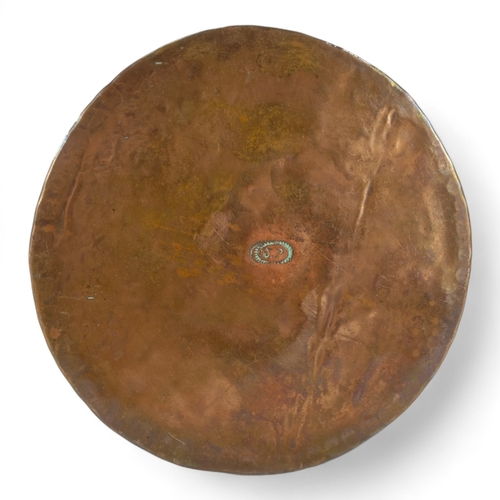 16 - A copper string box by John Pearson - circular with a riveted seam and domed cover, stamped to base,... 