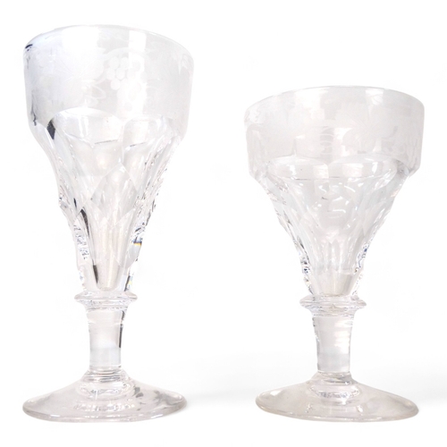 206 - A  set of twelve sherry glasses - clear cut glass faceted with an etched band of vines, 10cm high, t... 