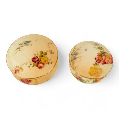 208 - A Royal Worcester blush pin dish - decorated with flowers, 7cm diameter, together with another large... 