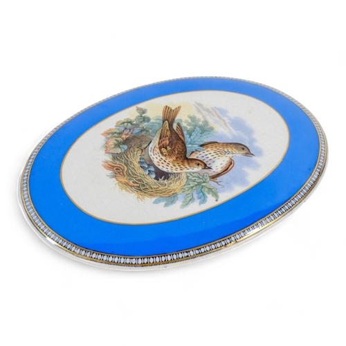 210 - A 19th century Prattware plaque - oval and decorated with nesting thrushes within a blue band, 24 x ... 