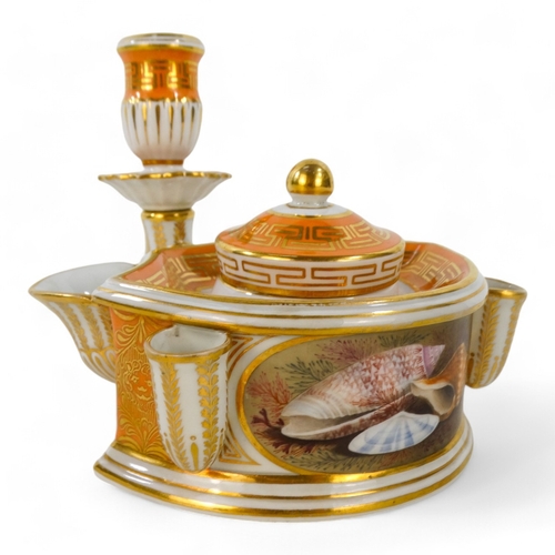 237 - A Flight and Barr Worcester inkstand - circa 1807-13, decorated with a painted panel of shells, cora... 