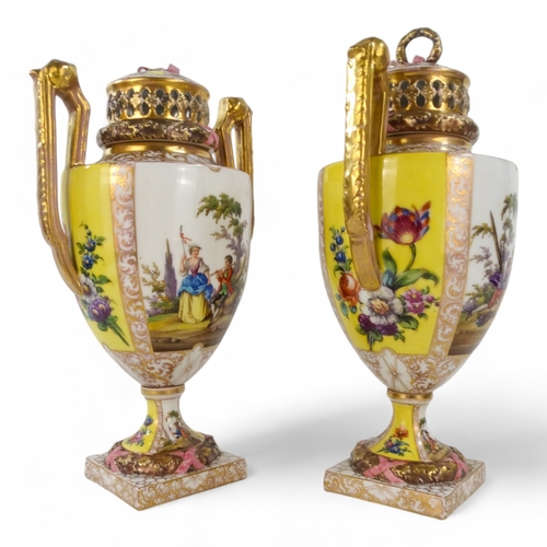 239 - A pair of Dresden vases - with reticulated covers and twin handles, painted with figures in a landsc... 