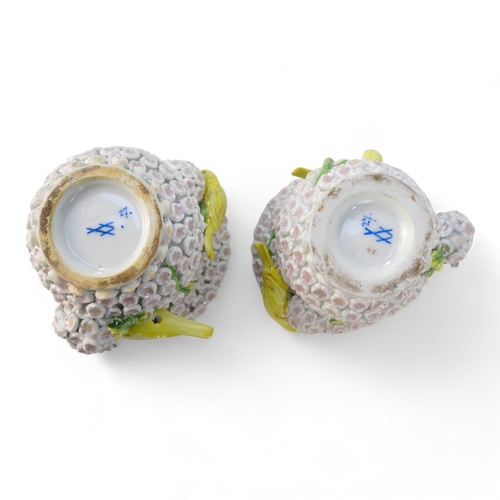 240 - A pair of Meissen style flower encrusted vases - of baluster form with yellow birds, 18cm high. (2)