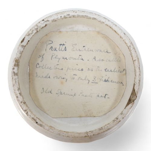 249 - A mid 19th century Prattware pot lid - 'Shrimping Pegwell Bay', 10cm diameter.