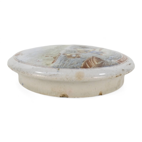 249 - A mid 19th century Prattware pot lid - 'Shrimping Pegwell Bay', 10cm diameter.