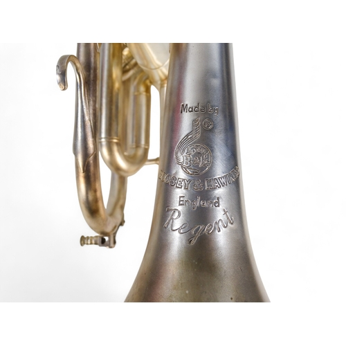 26 - A 20th century Boosey & Hawkes 'Regent' cornet - silver plated with a matte finish, the bell interio... 