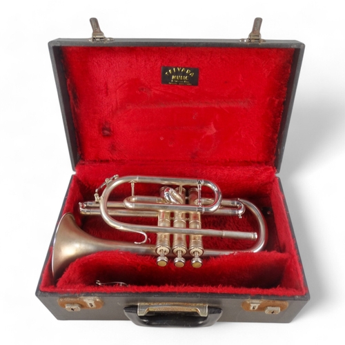 26 - A 20th century Boosey & Hawkes 'Regent' cornet - silver plated with a matte finish, the bell interio... 