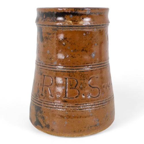 275 - A William (Bill) Marshall tenmoku glazed tankard - dated 1990 with ownership initials and bearing po... 