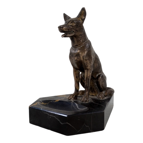 45 - A silver plated Alsatian on a black marble base - modelled as a pin tray, stamped PERRINA, height 15... 