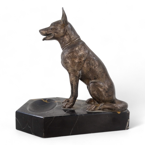 45 - A silver plated Alsatian on a black marble base - modelled as a pin tray, stamped PERRINA, height 15... 