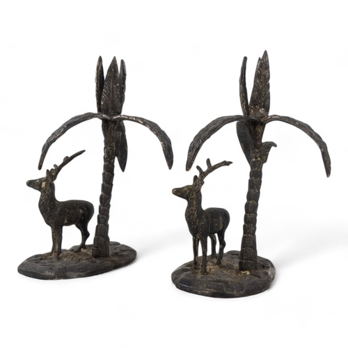 46 - A pair of spelter stags beneath palm trees - stamped WWH, probably W W Harrison & Co., Sheffield, he... 