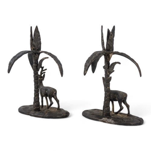 46 - A pair of spelter stags beneath palm trees - stamped WWH, probably W W Harrison & Co., Sheffield, he... 