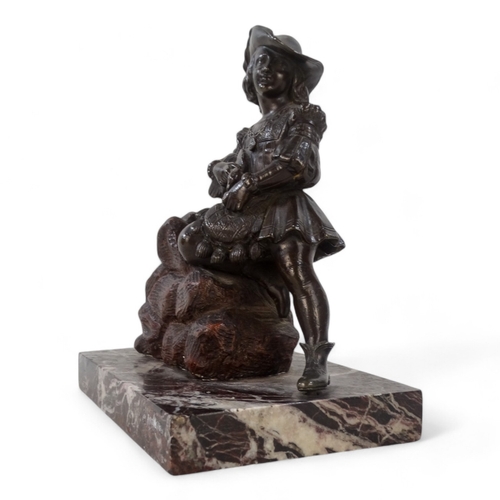 49 - A bronze modelled as a Dutch falconer - kneeling on a pile of rocks and mounted on a marble base, he... 