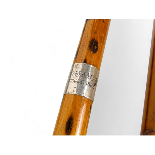 5 - A silver mounted Malacca cane - engraved with name and dated August 1886, 92cm long, together with s... 