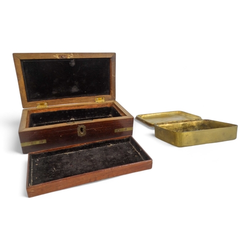 68 - A 19th century rosewood and brass bound box - with a vacant cartouche to hinged lid and enclosing a ... 