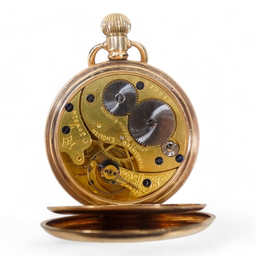 702 - A gold plated half hunter pocket watch by James Walker Ltd., - the white enamel dial set out with Ro... 