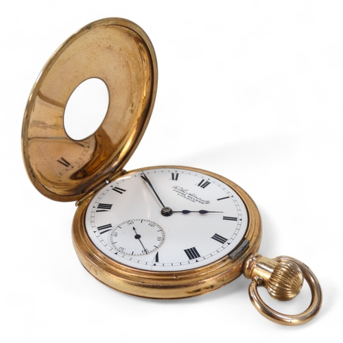 702 - A gold plated half hunter pocket watch by James Walker Ltd., - the white enamel dial set out with Ro... 