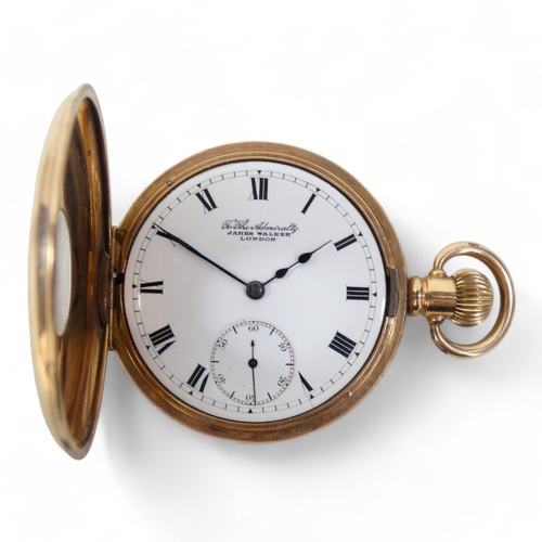 702 - A gold plated half hunter pocket watch by James Walker Ltd., - the white enamel dial set out with Ro... 