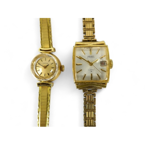 707 - A 9ct gold cased Certina ladies cocktail watch - with gilt dial and baton numerals, on a gold plated... 