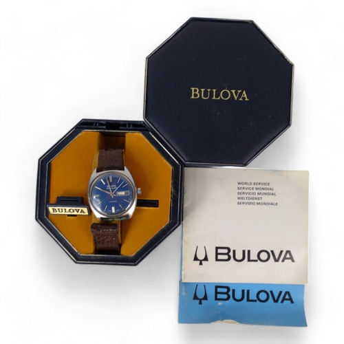 713 - A gentlemans Bulova Ambassador automatic wristwatch - steel case and blue dial with baton numerals a... 