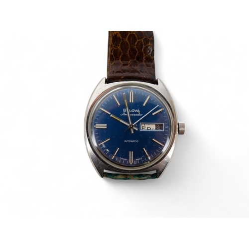 713 - A gentlemans Bulova Ambassador automatic wristwatch - steel case and blue dial with baton numerals a... 