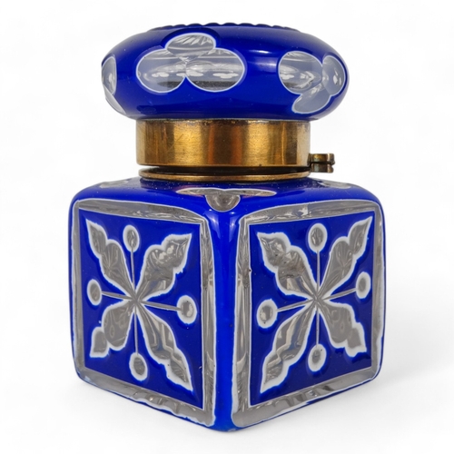 84 - A late 19th century large Bohemian inkwell - square with a domed hinged cover, blue and white overla... 