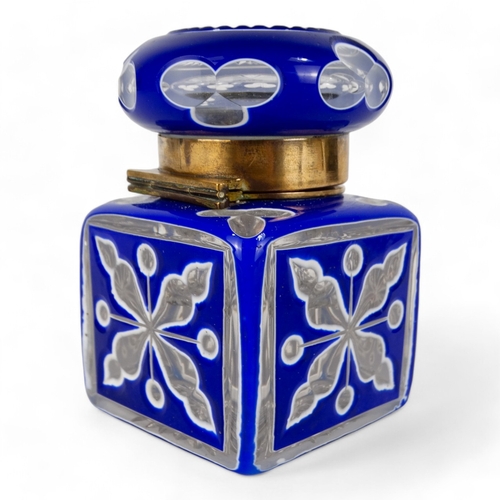 84 - A late 19th century large Bohemian inkwell - square with a domed hinged cover, blue and white overla... 