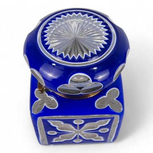 84 - A late 19th century large Bohemian inkwell - square with a domed hinged cover, blue and white overla... 