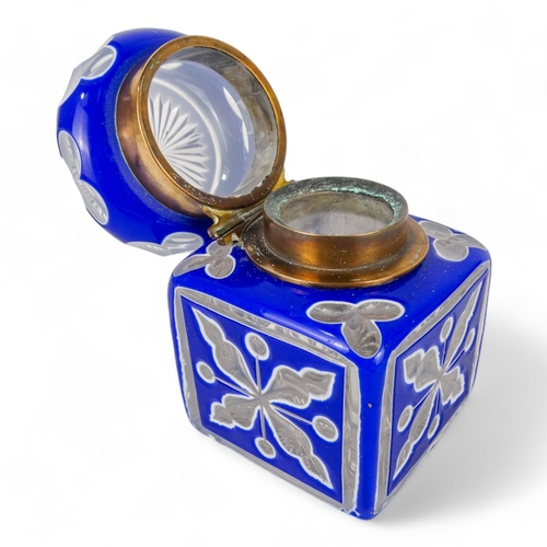 84 - A late 19th century large Bohemian inkwell - square with a domed hinged cover, blue and white overla... 