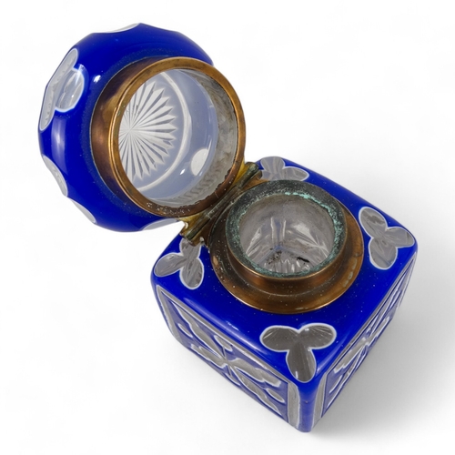 84 - A late 19th century large Bohemian inkwell - square with a domed hinged cover, blue and white overla... 