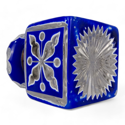 84 - A late 19th century large Bohemian inkwell - square with a domed hinged cover, blue and white overla... 