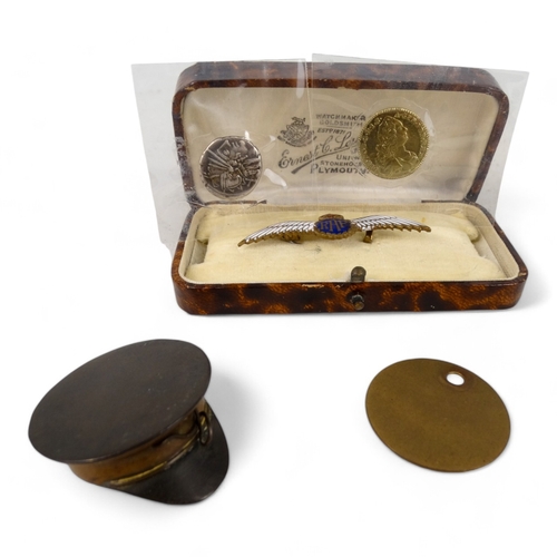 94 - An RAF sweetheart brooch - boxed, together with a brass snuff box in the form of a hat, two reproduc... 