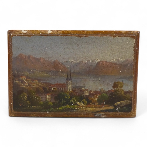 11 - An early 20th century continental treen box - the hinged lid decorated with an Italian lake scene, 1... 