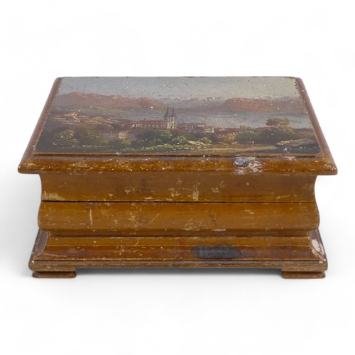 11 - An early 20th century continental treen box - the hinged lid decorated with an Italian lake scene, 1... 