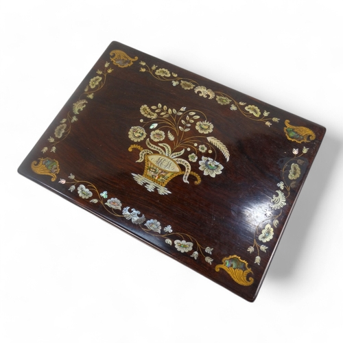 14 - An early Victorian rosewood work box - rectangular and inlaid with brass and mother-of-pearl in the ... 