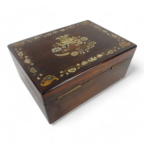 14 - An early Victorian rosewood work box - rectangular and inlaid with brass and mother-of-pearl in the ... 