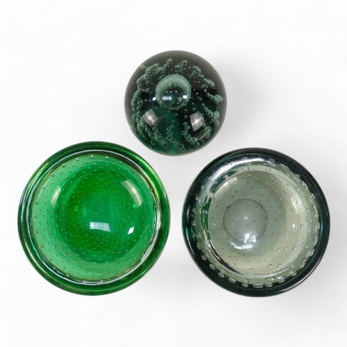 19 - A 20th century green bubble glass paperweight - in the manner of Whitefriars, 8cm diameter, together... 