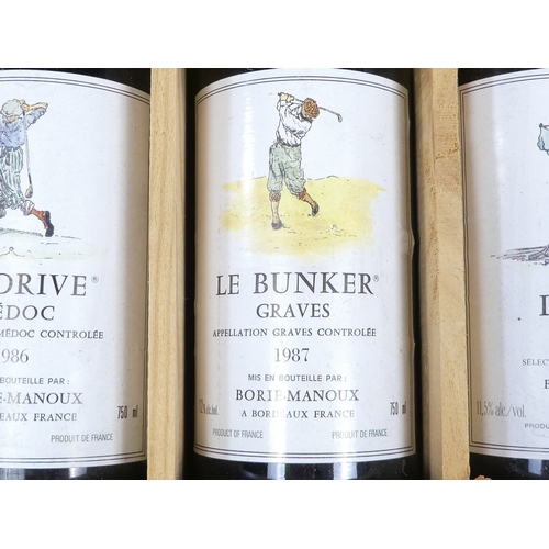 199 - Three bottles of Borie-Manoux white wine - with golf related labels, together with two bottles of Ma... 