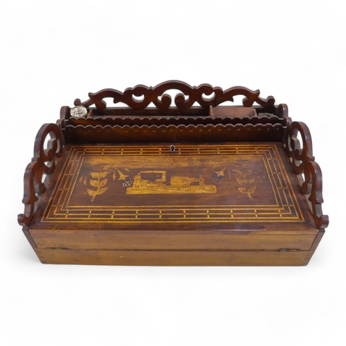 2 - A mid 19th century mediterranean mahogany and inlaid writing slope - with three quarter gallery and ... 